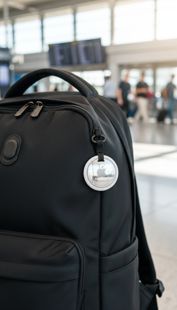 Apple AirTag attached to a black backpack at an airport terminal