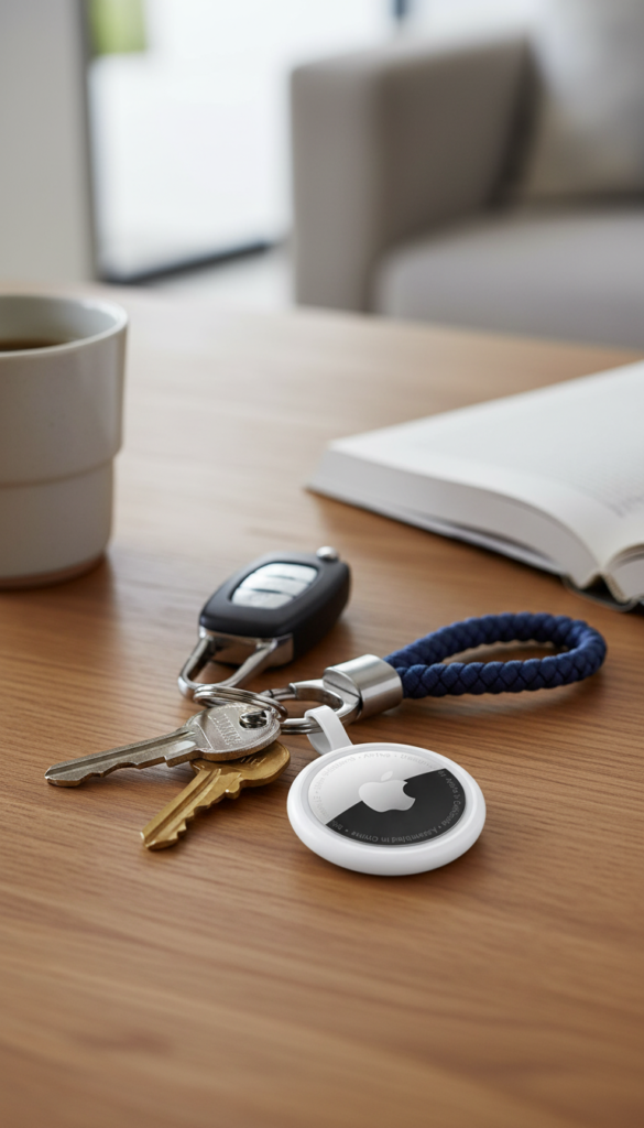 Apple AirTag attached to keys placed on a wooden desk