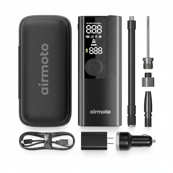 Airmoto Portable Tire Inflator with Digital Pressure Display Airmoto portable air compressor kit with digital display, carrying case, hose, charging cable, and car adapter
