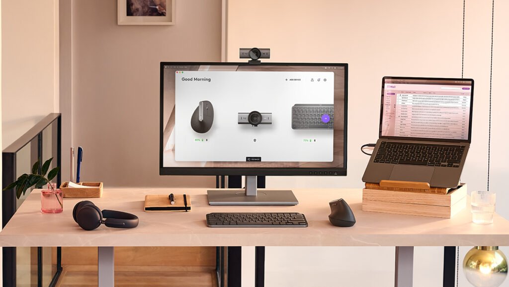 Logitech MX Brio webcam on home office monitor